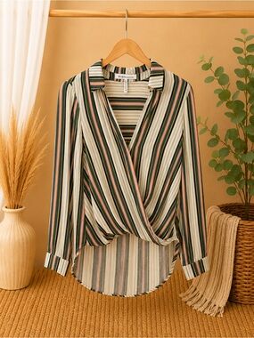 BCBG Generation Striped Wrap Front Button Collar Blouse - Green Multi